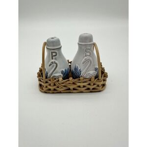 Vintage Giftco Swan Salt and Pepper Shakers with Wicker Caddy White Blue